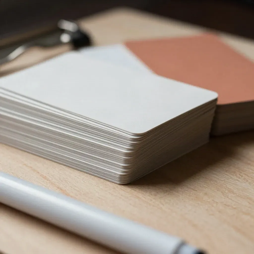 Blank cards, marker, and clipboard edge on pale wood with soft dark background