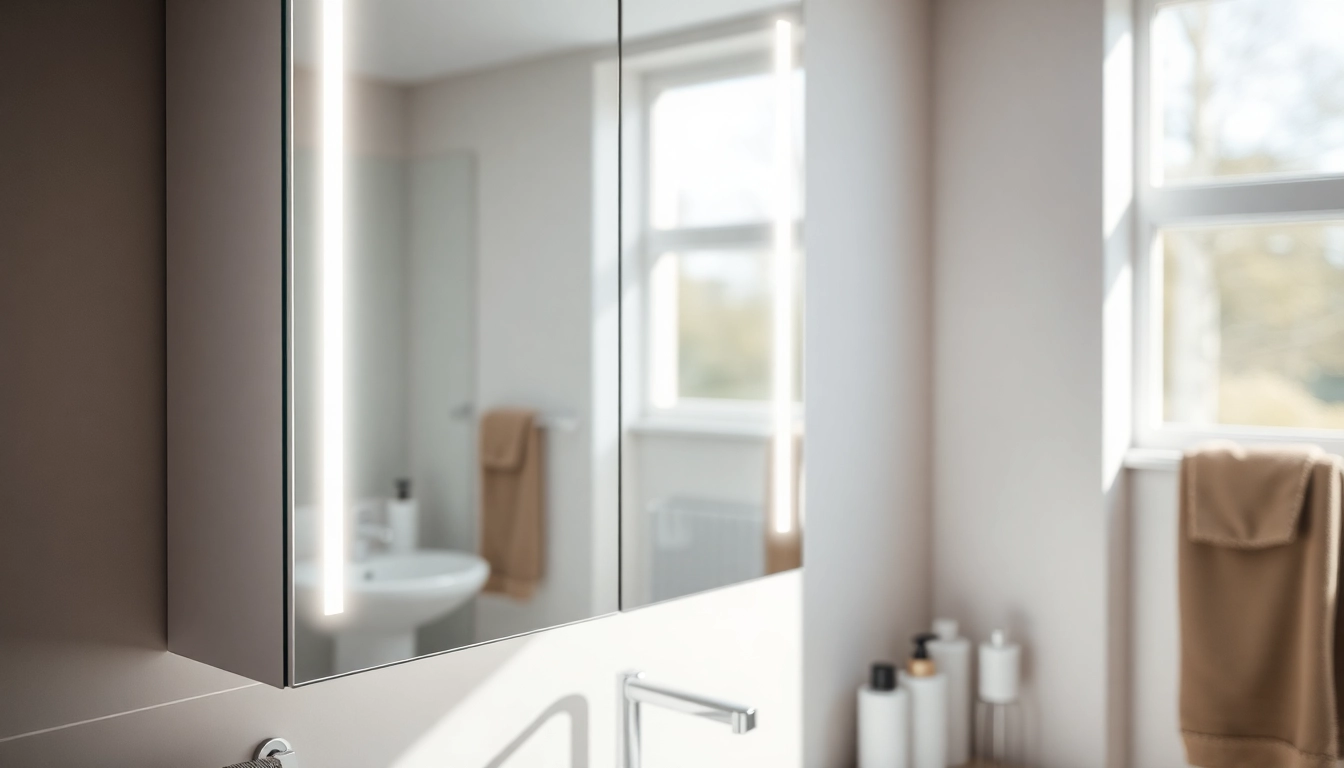 Showcase a mirrored bathroom cabinet with light, seamlessly blending utility and elegance in a modern setting.
