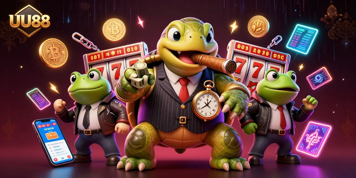 Engage in thrilling slots at UU88 with a cartoon turtle in a stylish setting, showcasing jackpot excitement.