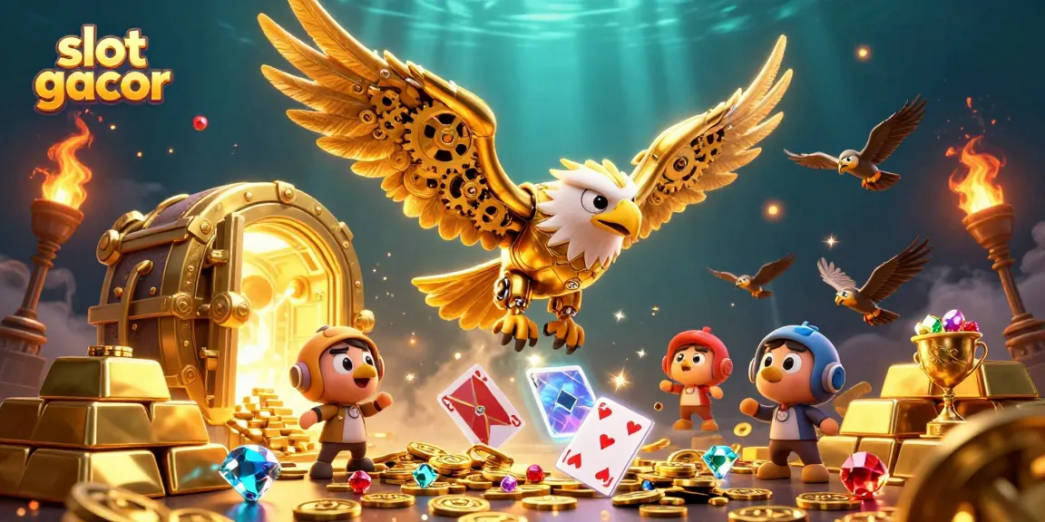 Experience slot gacor excitement with a dynamic illustration of a cybernetic eagle amidst vibrant casino elements.