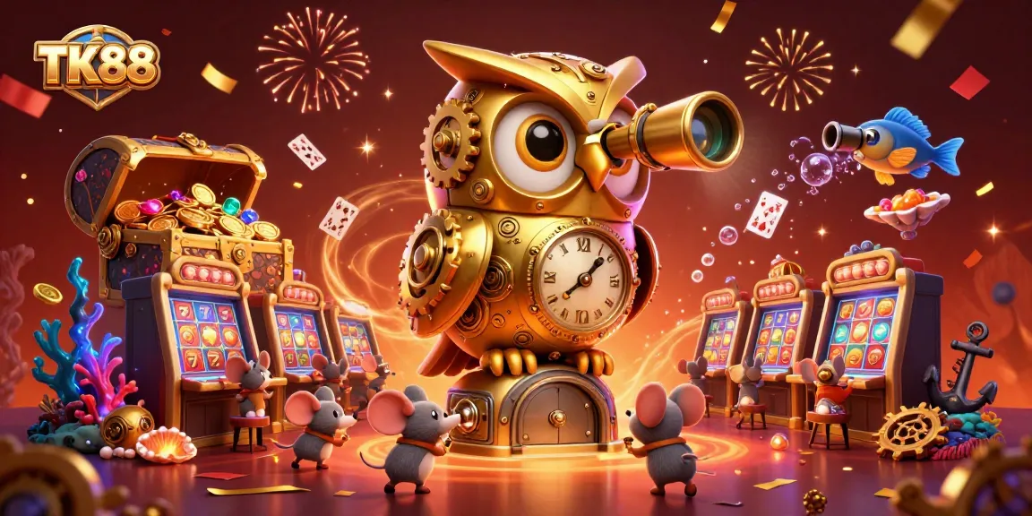 Engage in thrilling gameplay at TK88 with an enchanting owl overseeing the casino floor filled with vibrant slot machines.