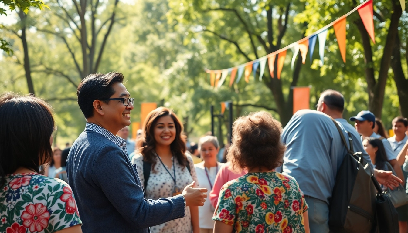 Philanthropist collaborating with community members in a vibrant park setting.