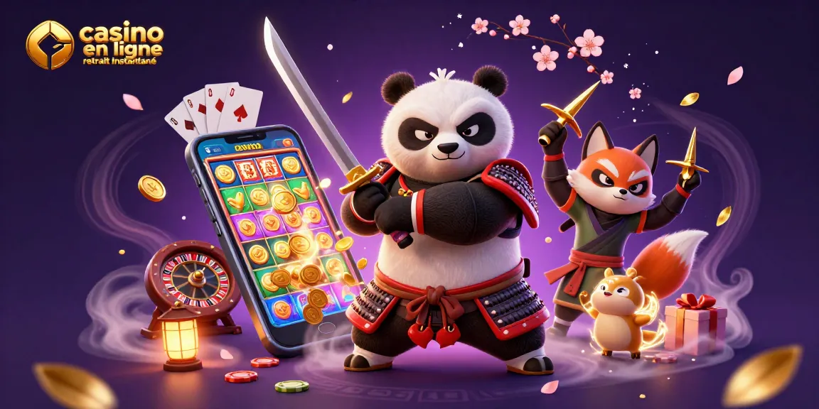Visuel dynamique illustrant le monde du casino en ligne retrait instantané avec un panda samouraï et un renard ninja.