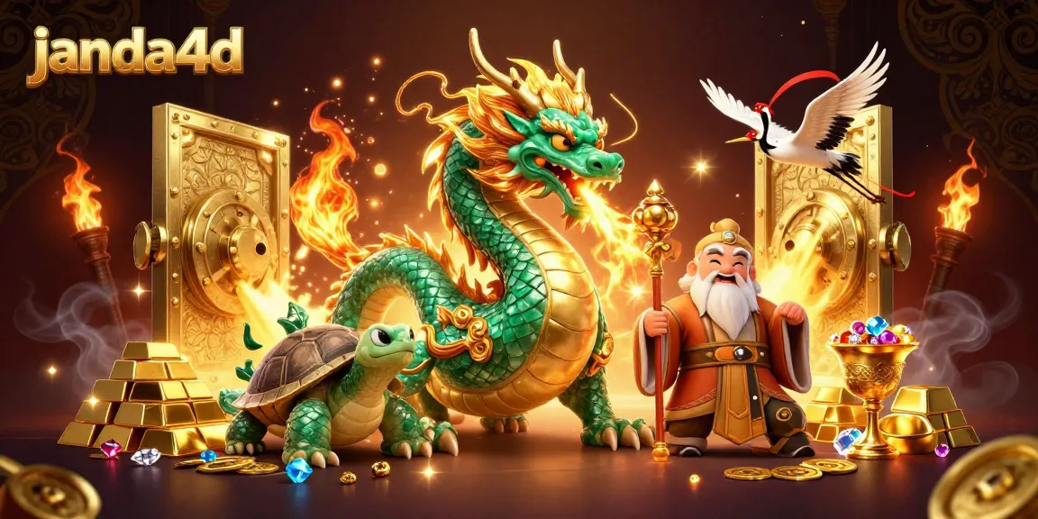 Gambarlah janda4d dengan naga emerald berapi yang mengelilingi simbol keberuntungan dan kekayaan