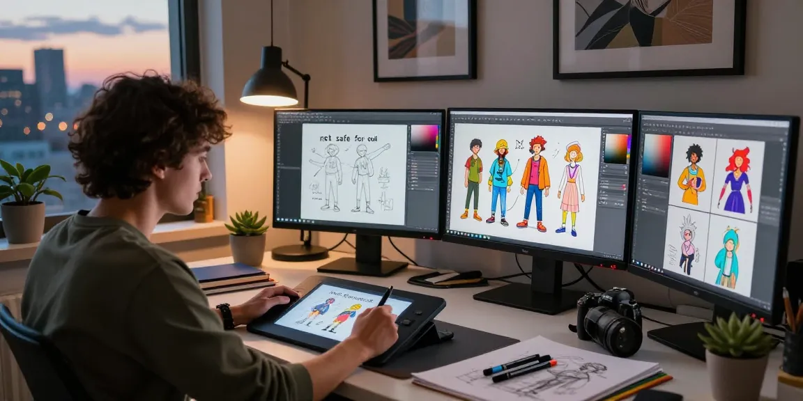 Artist creating nsfw digital illustrations in a modern studio.