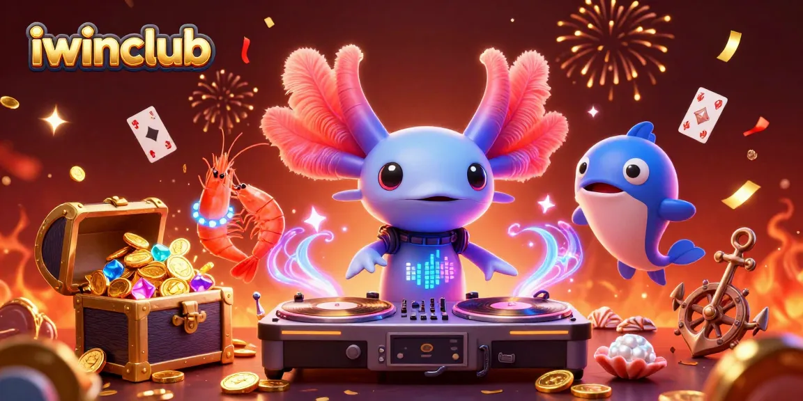 Experience the vibrant excitement at iwinclub with a DJ axolotl and lively underwater casino scene.