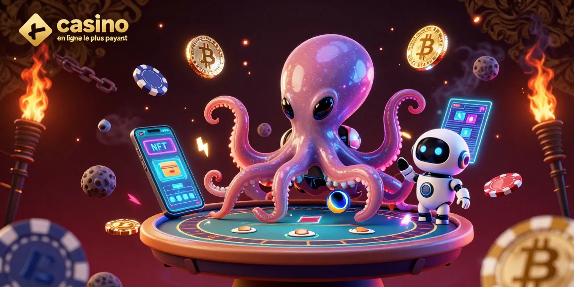 Jouez dans le casino en ligne le plus payant avec une illustration 3D d'un octopus alien et des jetons crypto.