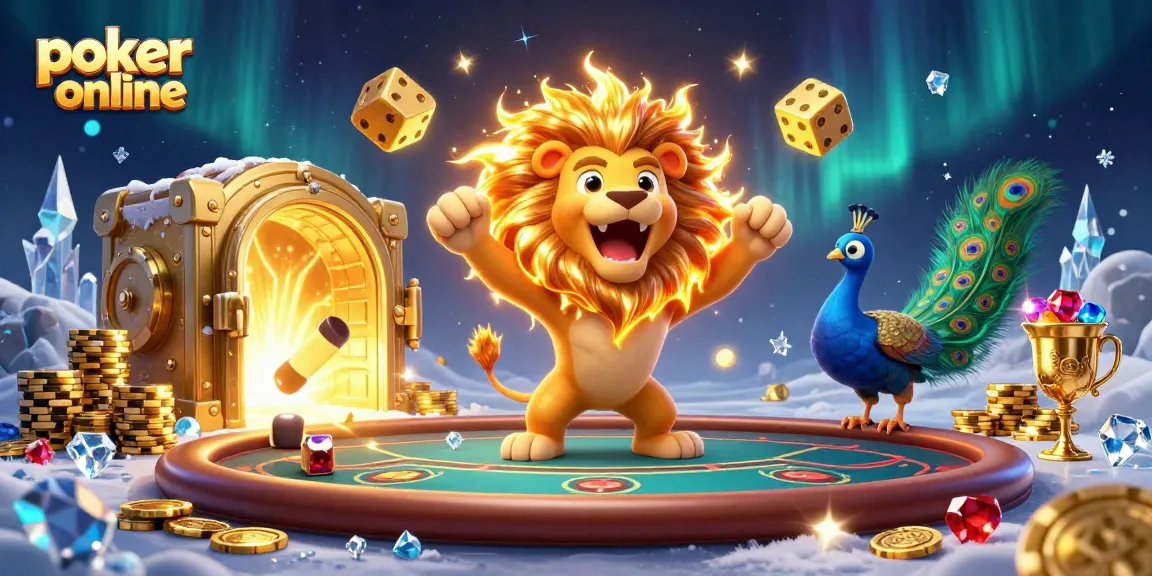 Jouer au poker en ligne avec des étoiles et un lion en 3D, entouré de jetons d’or et de gemmes.