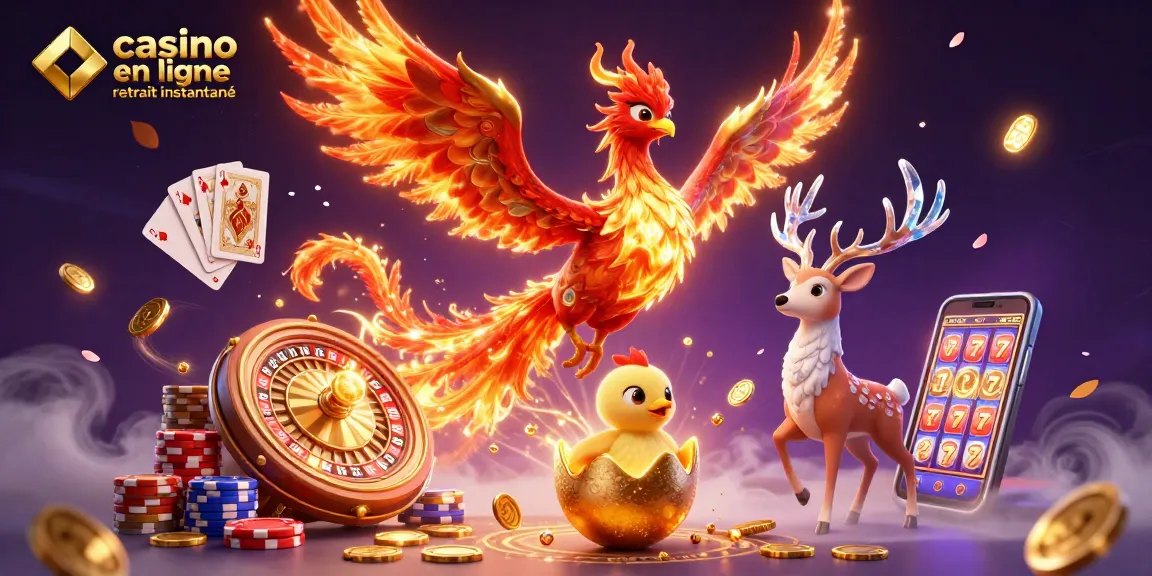 Illustration riche et dynamique montrant "casino en ligne retrait instantané" avec un phœnix de feu et des éléments de casino.