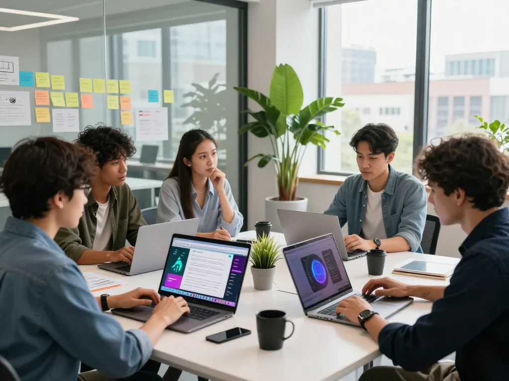Team collaboration on innovative ia +18 AI applications in modern workspace.