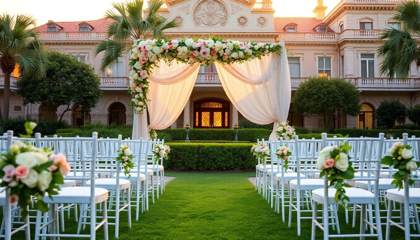 Stunning setup at Jacksonville Wedding Venue with floral arch and elegant chairs.