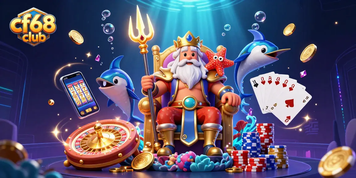 Experience thrilling games at cf68 club with Neptune, treasure, and vibrant casino elements.