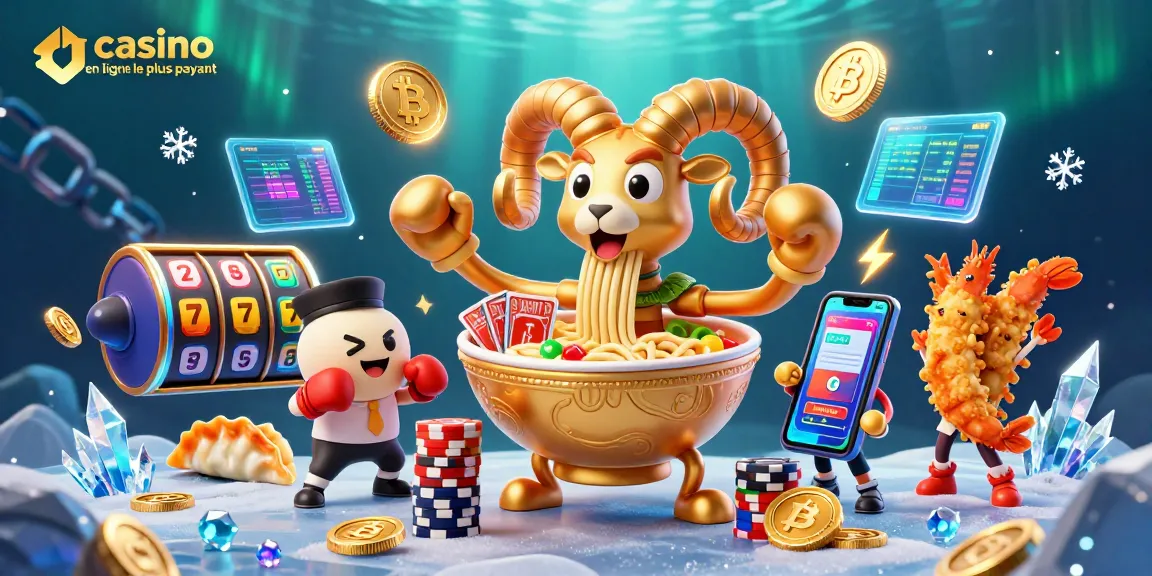 Un casino en ligne le plus payant animé avec un bol de ramen géant, des pièces de bitcoin et des effets de lumière.