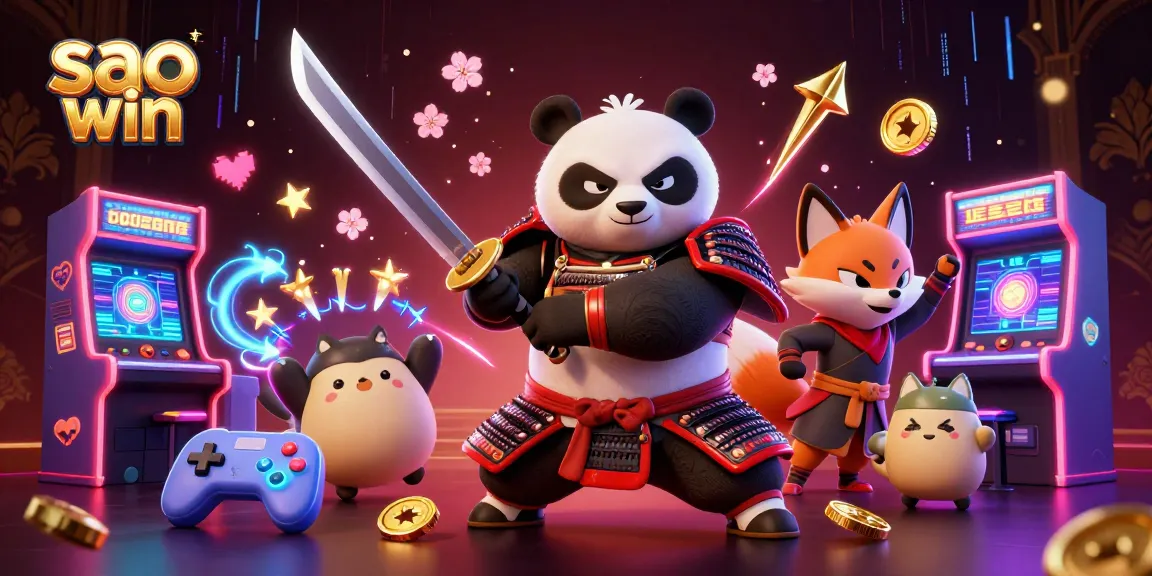 Sparkle and win with sao win in an exciting cartoon casino scene featuring panda samurai and fox ninja.