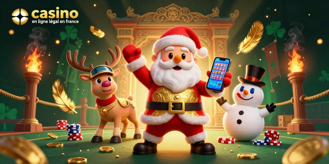 Jouer sur un casino en ligne légal en France avec Santa et un renne dans un cadre festif de casino.