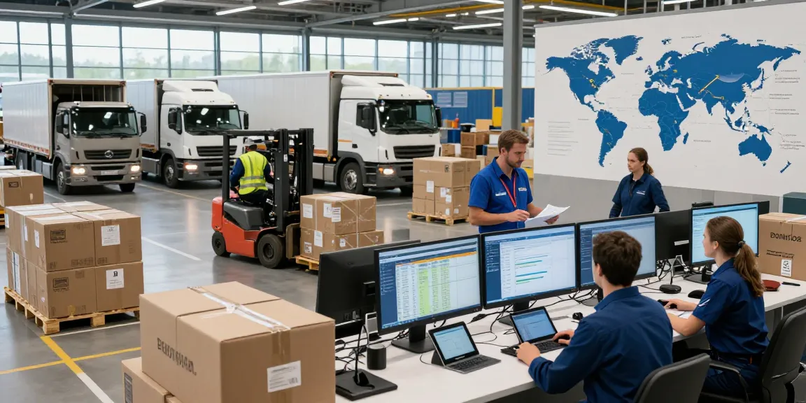 Effizienter europaweiter Transport von Dortmund in einer modernen Logistikzentrale mit Teamarbeit und Digitaltechnik.