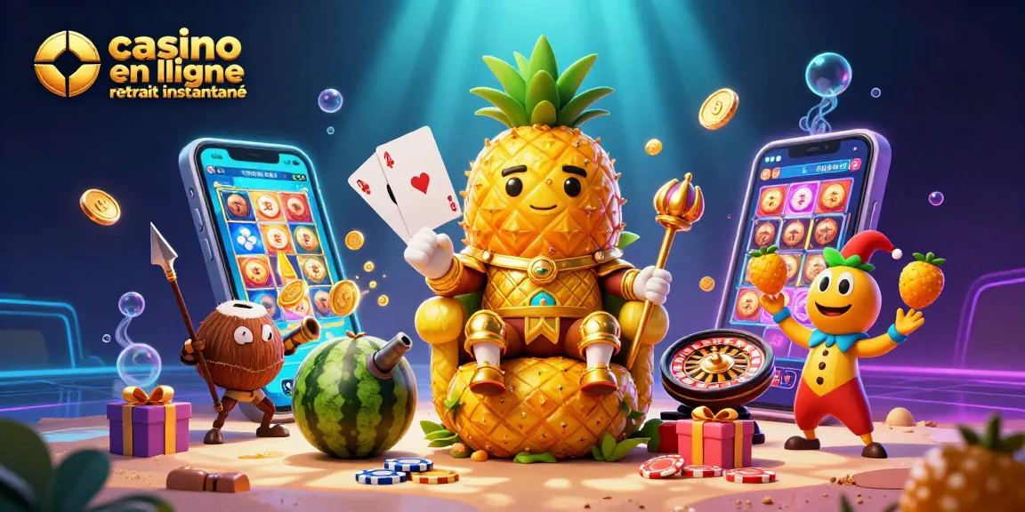 Illustration colorée de casino en ligne retrait instantané avec un roi ananas et des personnages dynamiques.