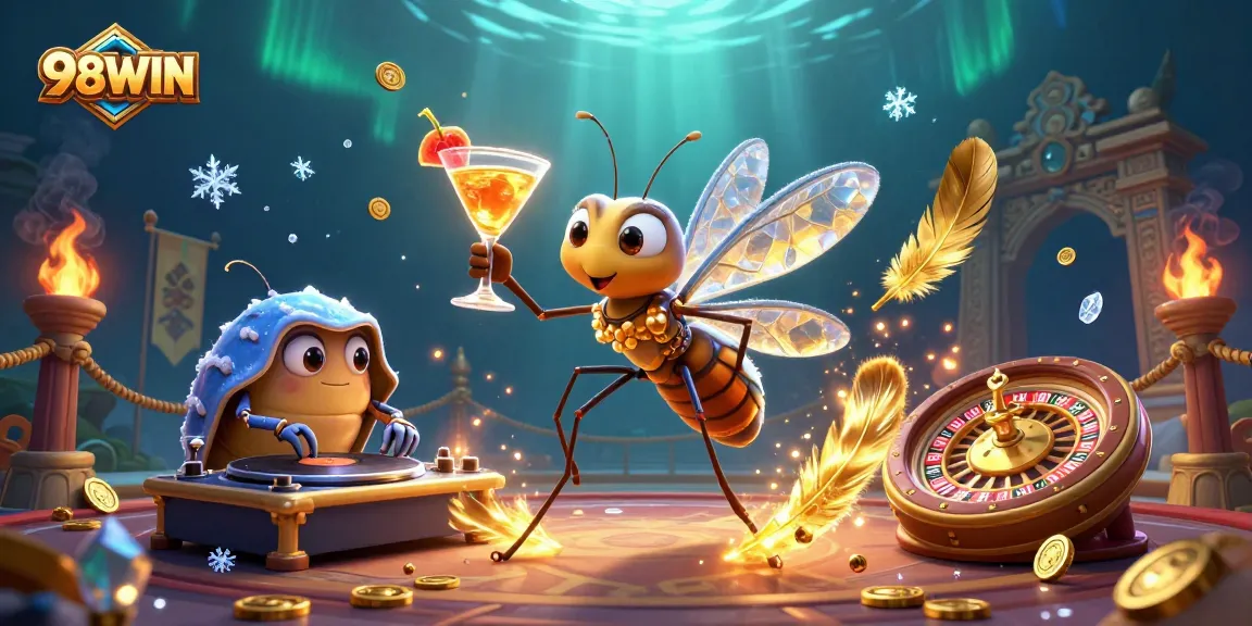 Experience 98WIN's vibrant casino energy with lively characters, roulette wheel, and golden cocktail action.