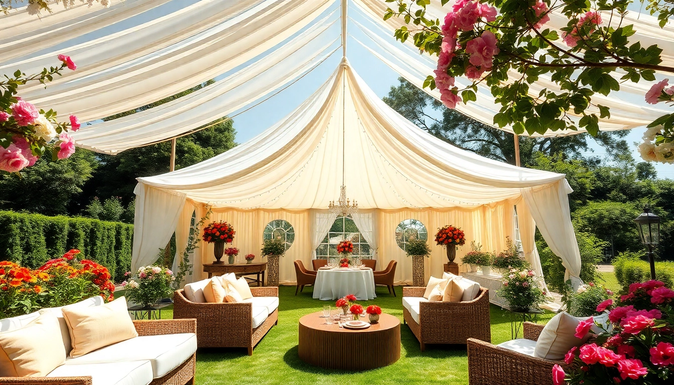 Stunning party tent rentals set up in a vibrant garden for an elegant outdoor event.