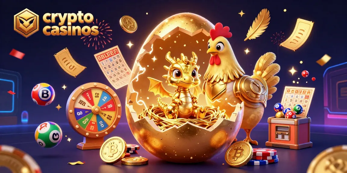 Illustration dynamique des crypto casinos avec un œuf doré et un dragon en or sur des jetons de poker.