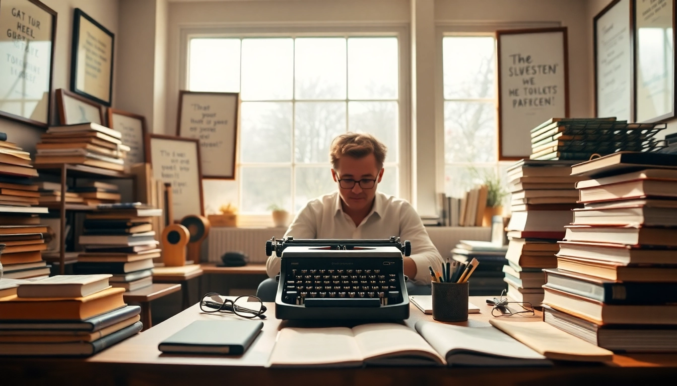 Author at work in a cozy studio setting with typewriter and natural light.