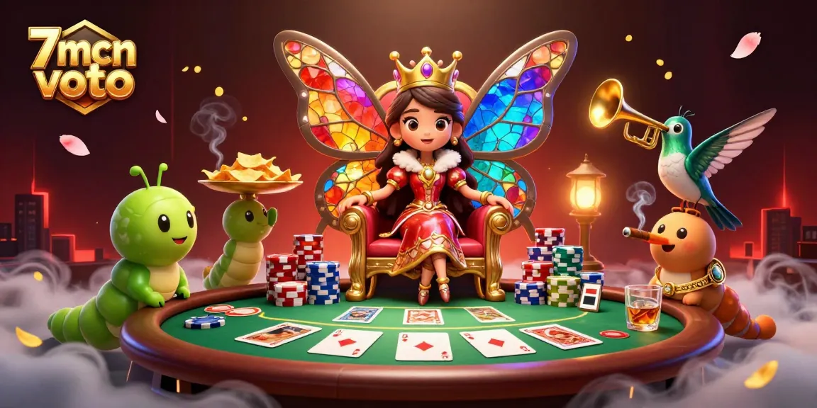 Engage with thrilling poker action in a rich 7mcn voto illustration featuring a majestic butterfly queen.