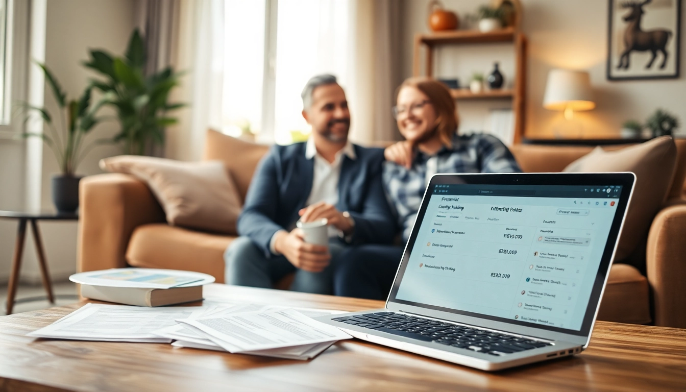 Illustration of heating financing interaction between a financial advisor and homeowners in a cozy setting.
