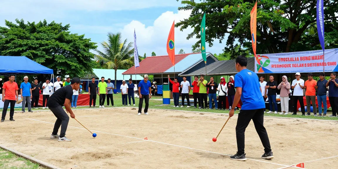 Acara olahraga petanque di fopikotaparepare.org, pemain bersaing dengan semangat di lapangan berpasir.