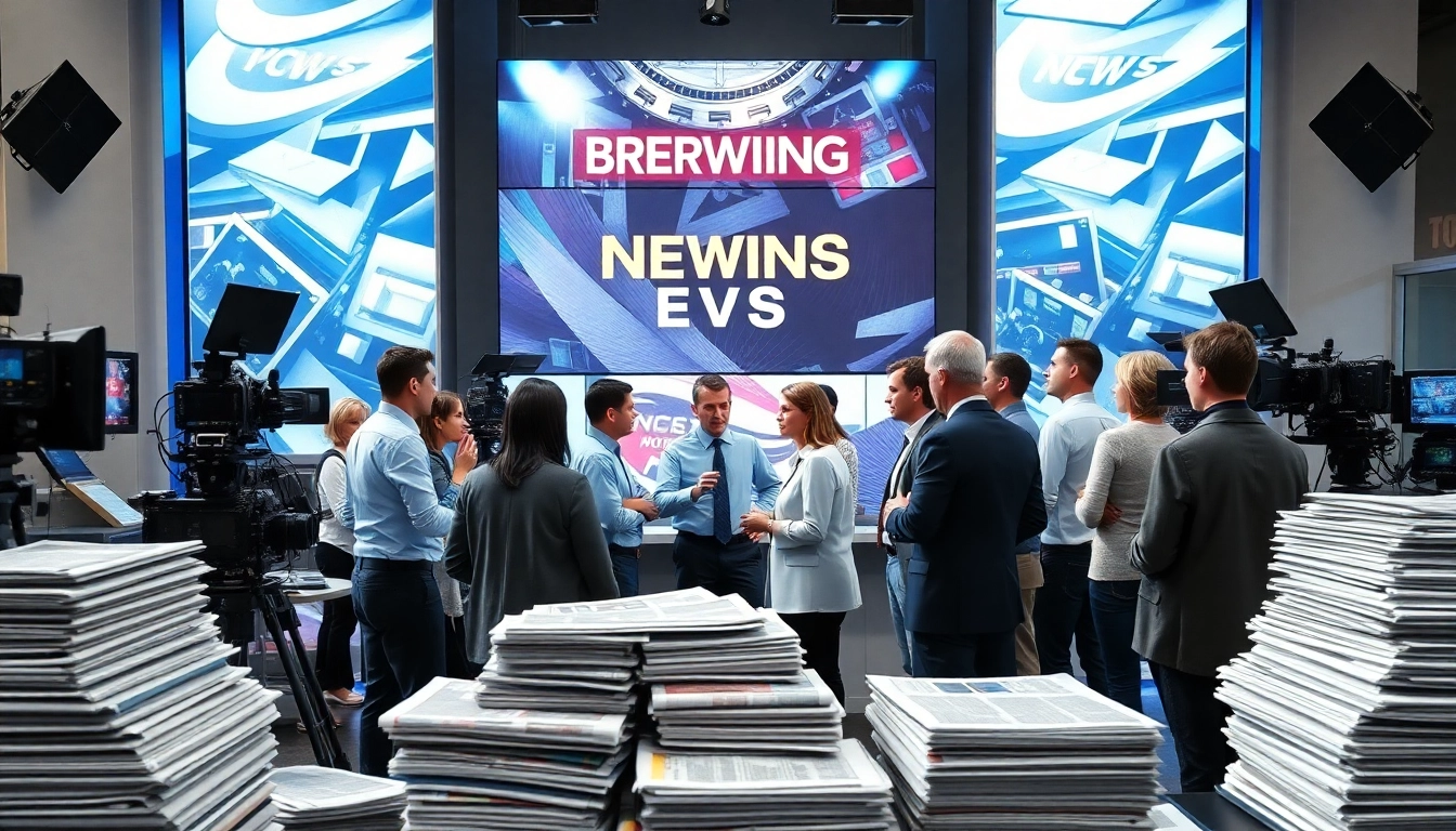 Journalists reporting breaking news in a professional newsroom environment
