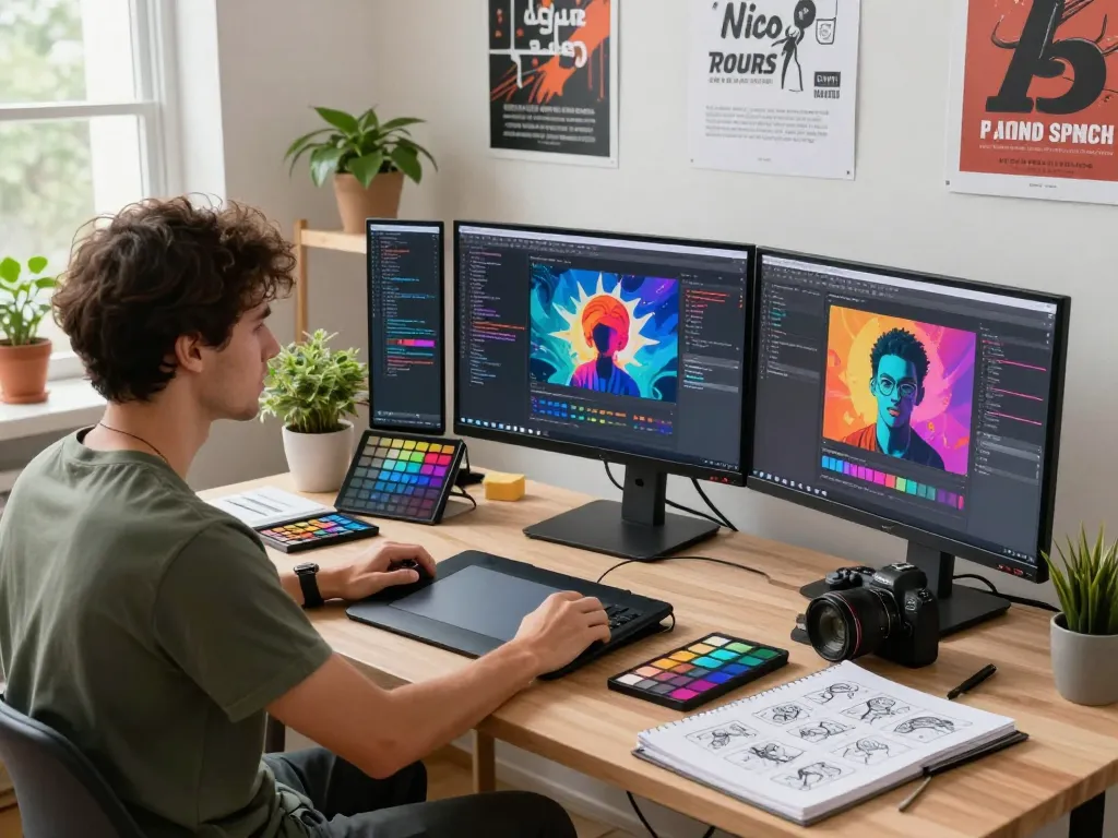 Person using image to prompt ai software in a vibrant digital art studio.