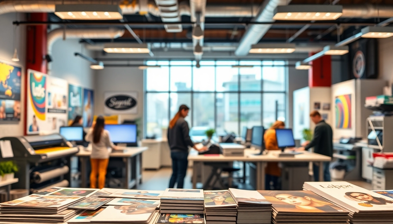 Vibrant print shop Edmonton showcasing colorful banners and a creative workspace.