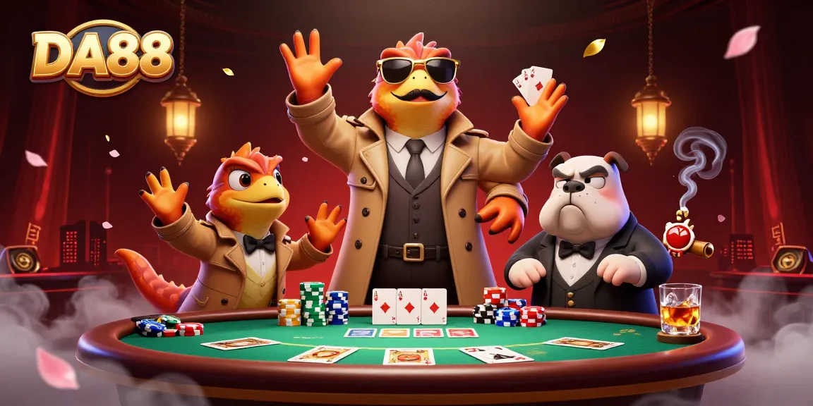 Engage in thrilling casino action with DA88 amid raptors in a trench coat and a bouncer.