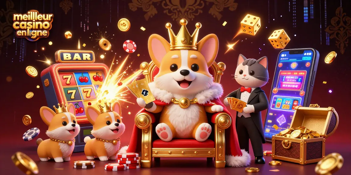 Jouez dans le meilleur casino en ligne avec une illustration dynamique d'un corgi royal entouré d'éléments de jeu