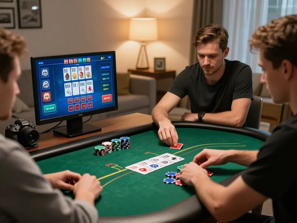 F168 online casino gaming scene showing player engaged in poker with chips and warm home atmosphere.