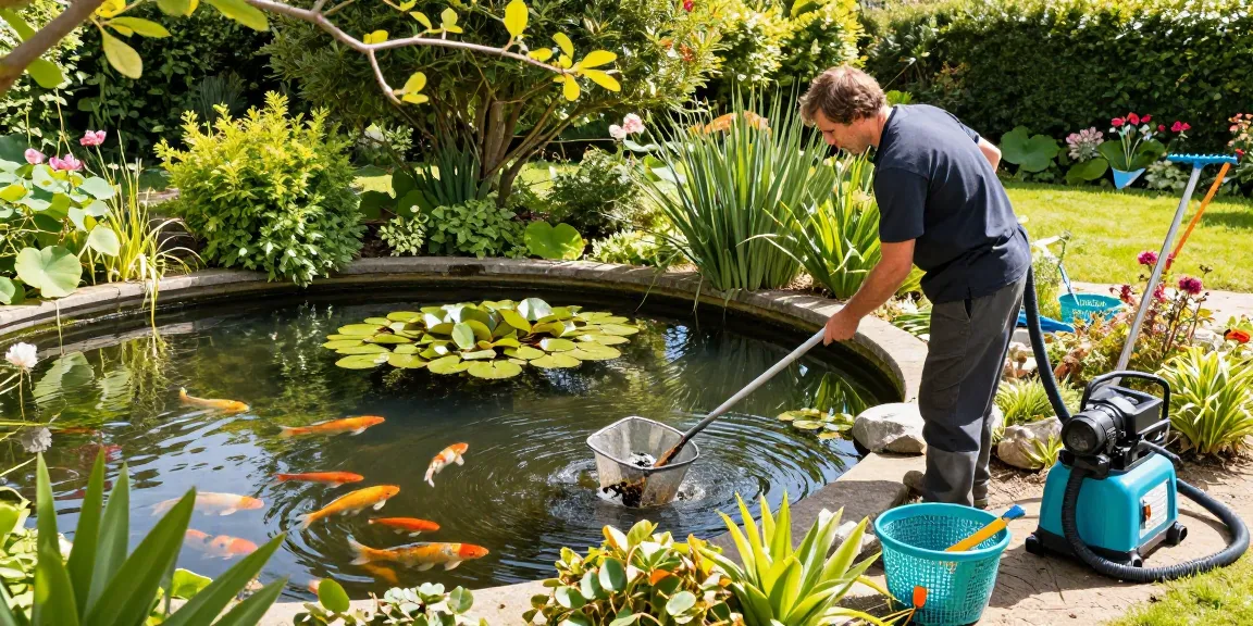 Professional Pond Cleaning Sussex with a technician cleaning a vibrant garden pond surrounded by greenery.