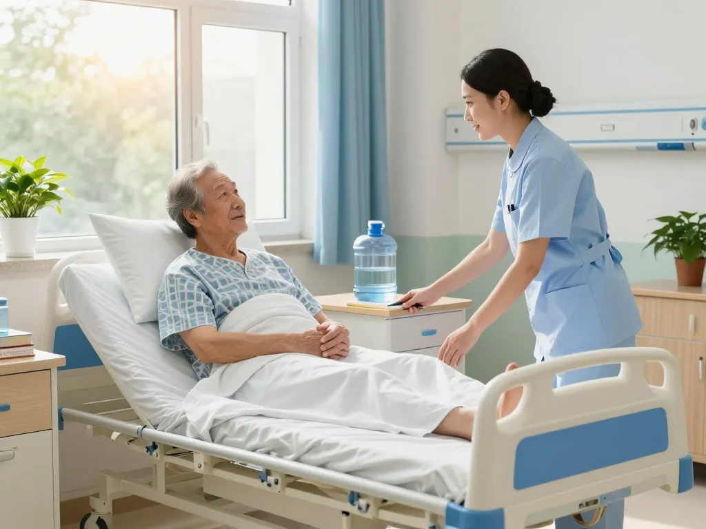 Modern patient bed (giường bệnh nhân) in a calming hospital room with a nurse assisting an elderly patient.