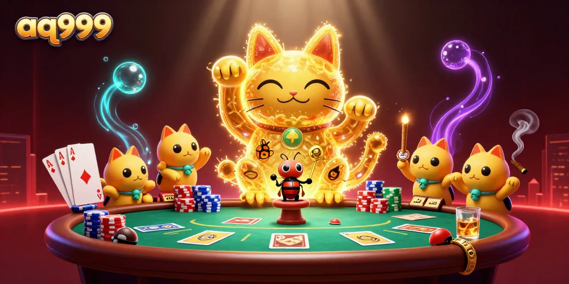 Engage in thrilling poker action with aq999, where a golden lucky cat and vibrant casino symbols dance around in a lively scene.