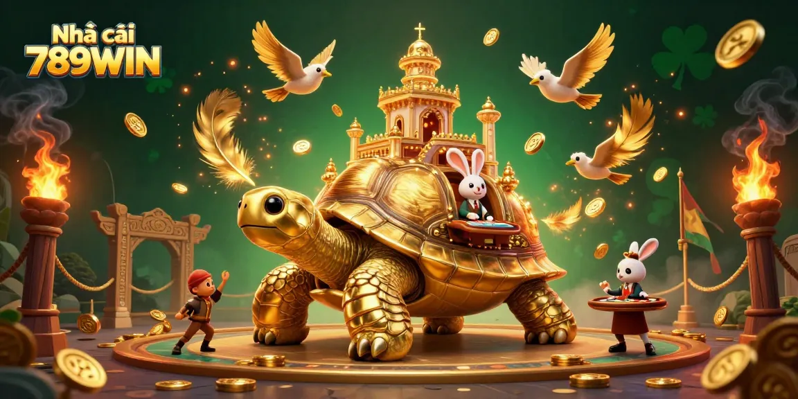 Experience thrilling gameplay at Nhà cái 789WIN, a vibrant casino scene featuring a golden tortoise and rabbit dealer.