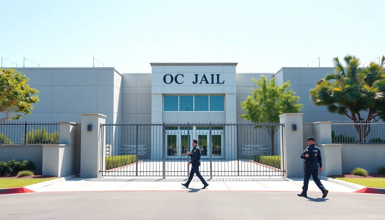 OC Jail's main entrance with security guard, focusing on law enforcement and facility details.