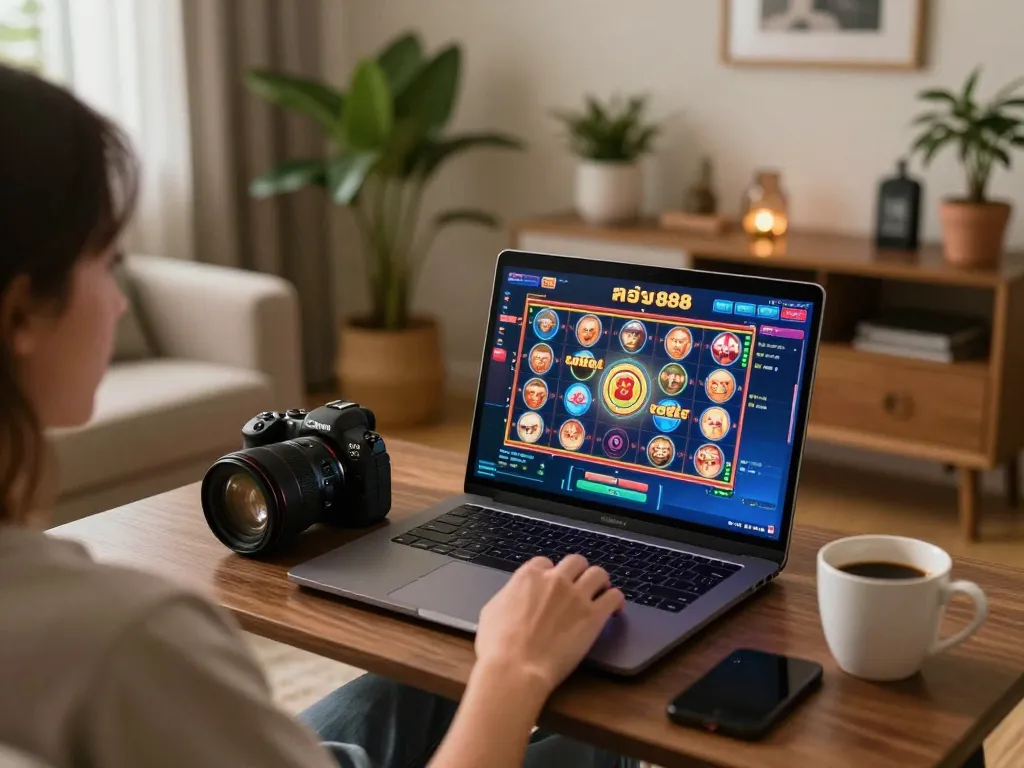 Engaging in สล็อต888 gameplay on a cozy home laptop setup, showcasing fun and strategy