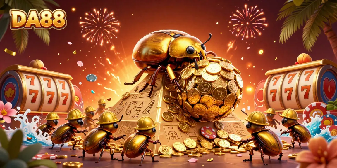 Engage with DA88 as a 3D golden dung beetle rolls coins amidst vibrant casino elements celebrating luck.