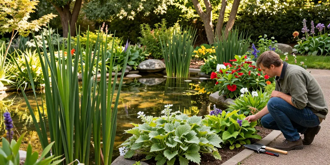 Marginal Pond Plants flourishing in a peaceful garden pond with gardener inspecting foliage.
