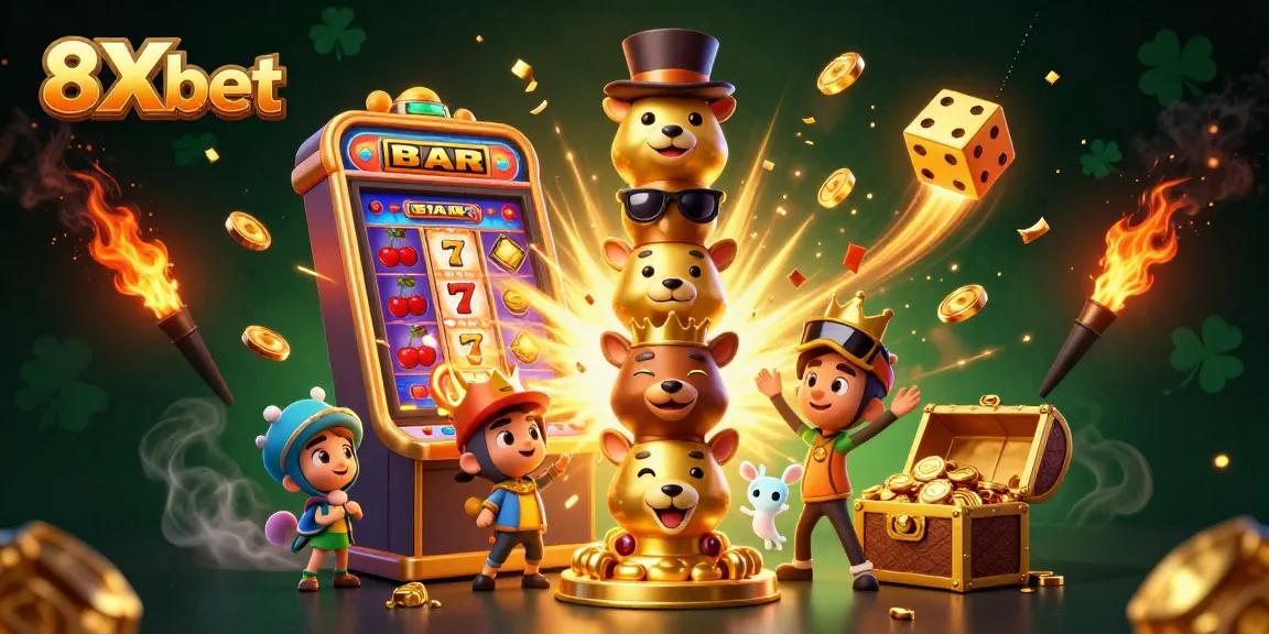 Spin and win at 8Xbet with vibrant casino elements and a whimsical totem pole.