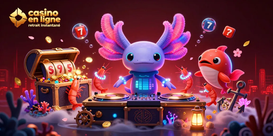 Un monde aquatique vibrant avec des personnages de casino en ligne retrait instantané, incluant un DJ axolotl et des crevettes dansantes.