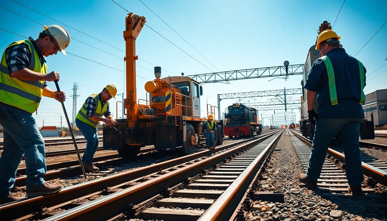 Workers from great plains rail contractors installing railway tracks with heavy machinery in a bright construction scene.