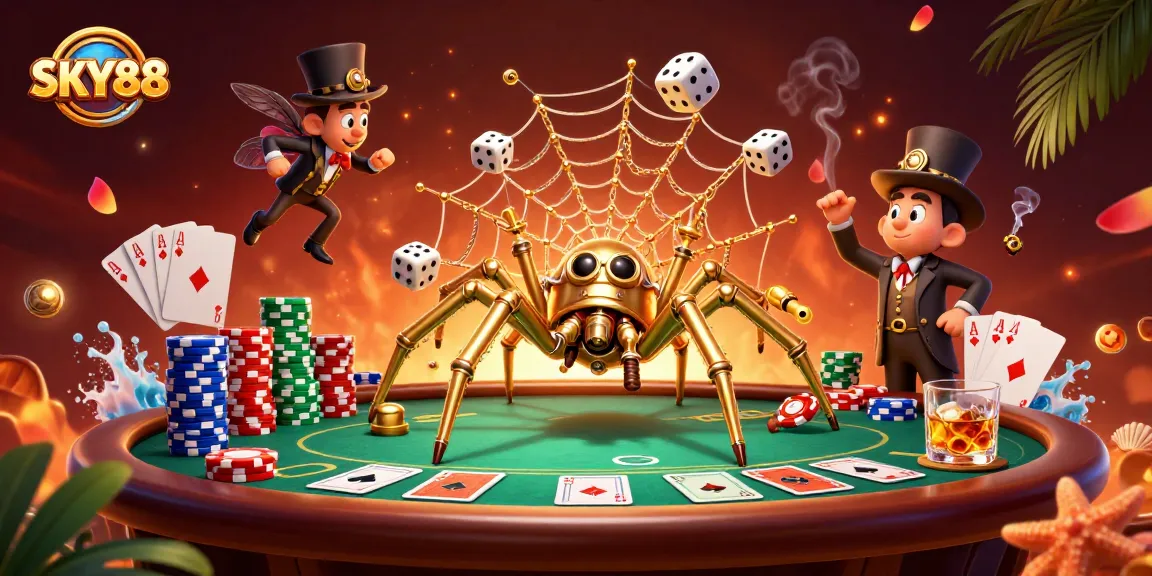 Bet on exciting games at SKY88 with vibrant poker scenes and a whimsical spider web.