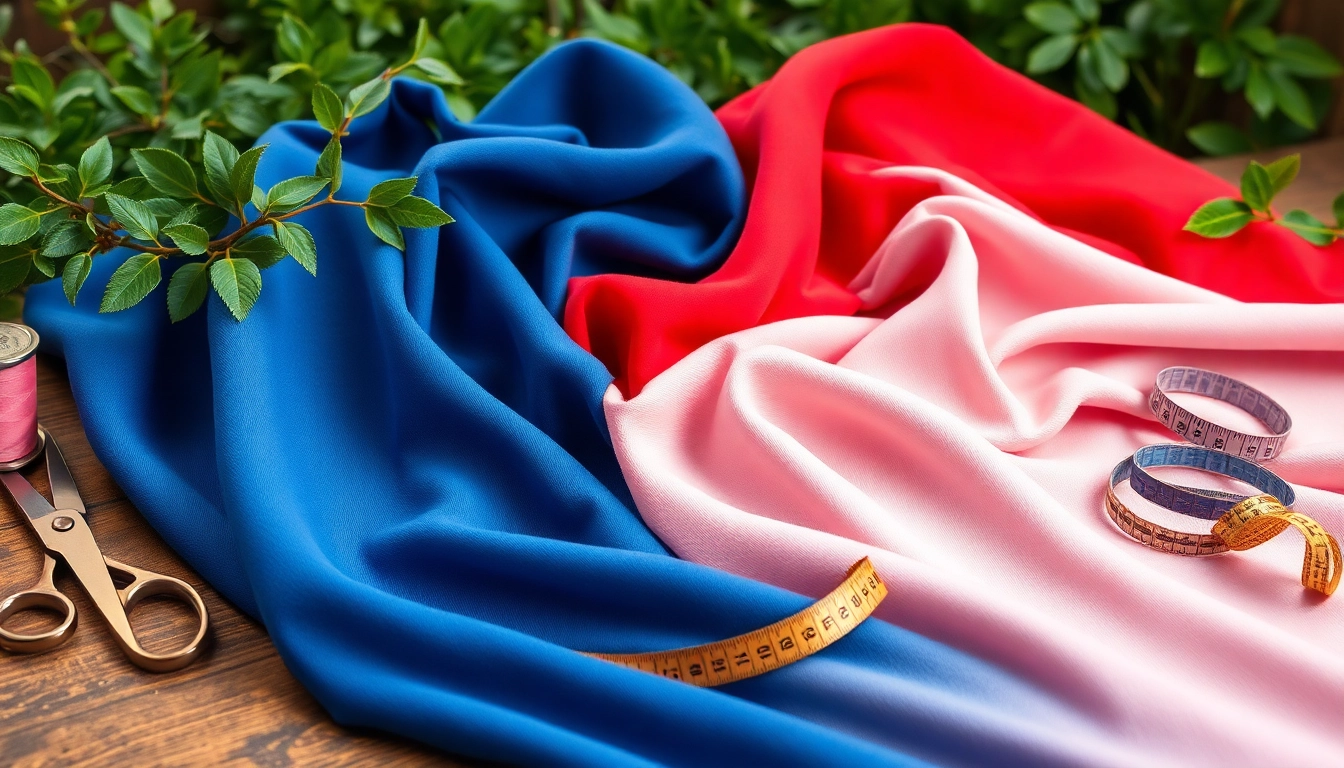 Verken de kenmerken van jersey stoffen met schaar en garen op een houten tafel.