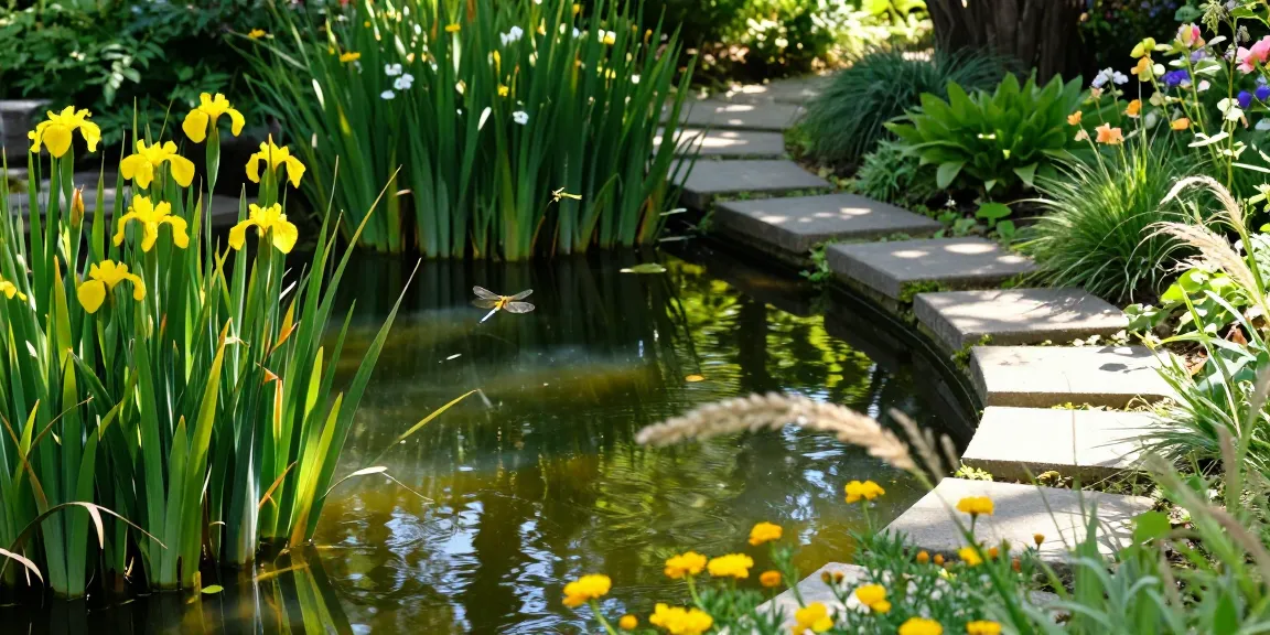 Colorful marginal pond plants in a serene garden setting, showcasing irises and marigolds.