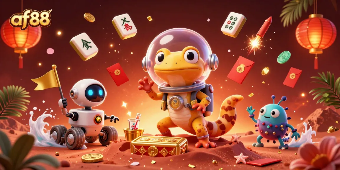 Celebating wins with af88 at a Martian casino, featuring a gecko, rover, and festive elements.