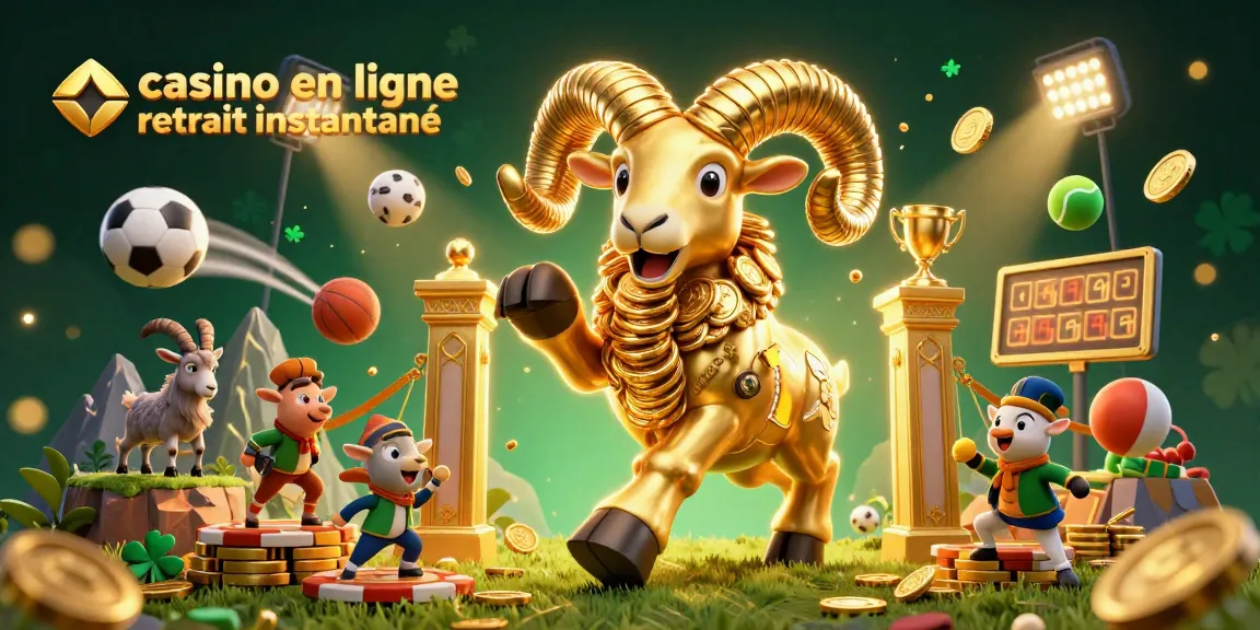 Casino en ligne retrait instantané : animation du bélier doré en charge vers la victoire avec des éléments sportifs.